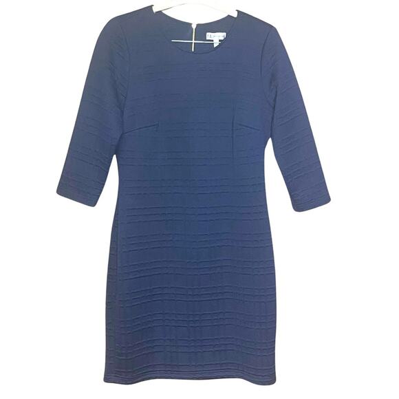 Neiman Marcus navy blue dress textured plaid print back accent zipper size 12 - Picture 1 of 5